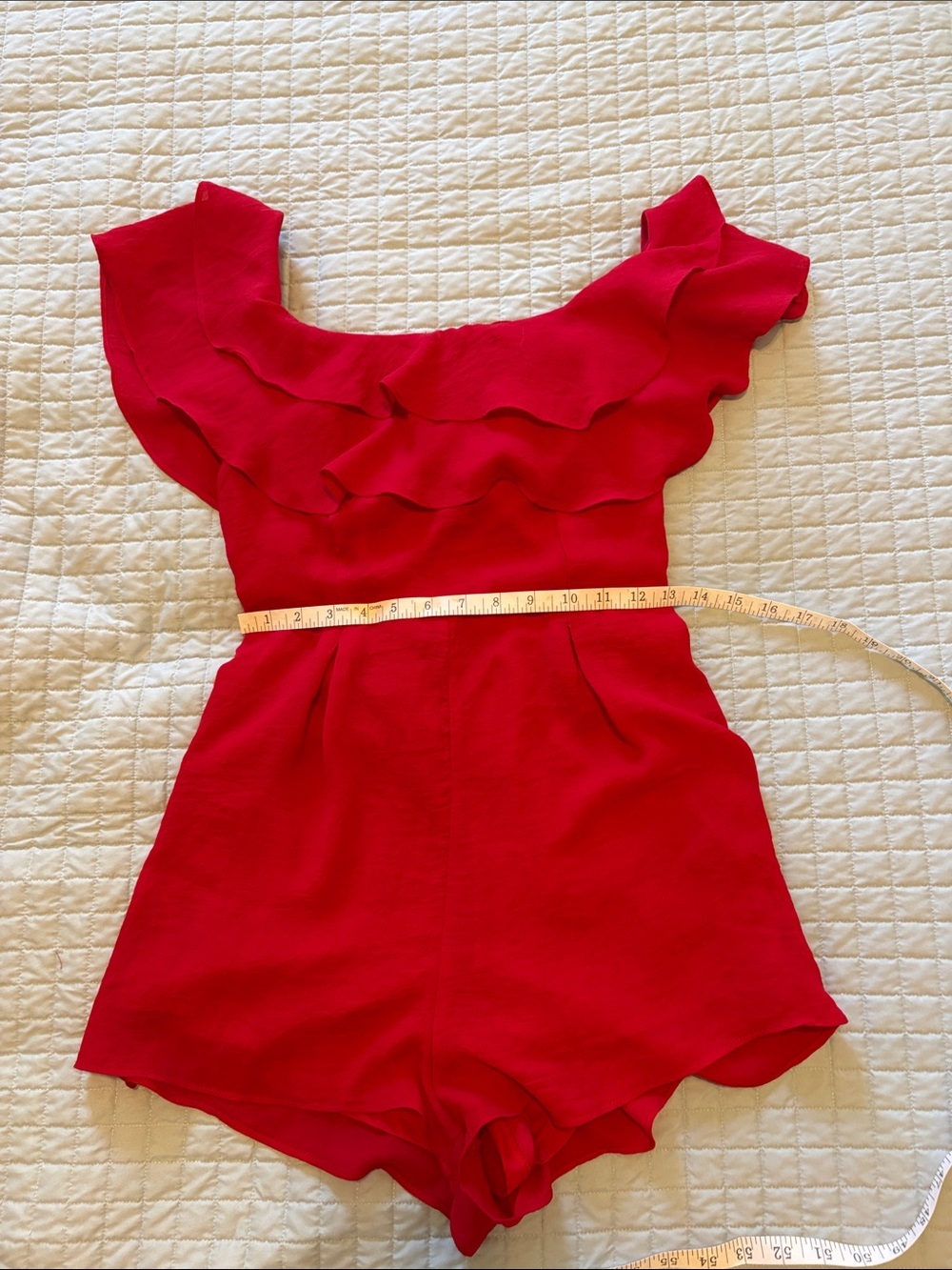 Red Ruffled Off-Shoulder Romper - Picture 4 of 8